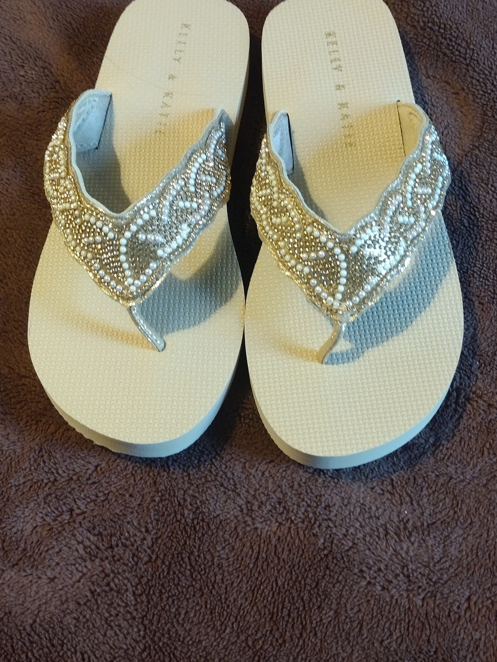 Kelly & Katie Cream Embellished Beaded Thong Sandals
